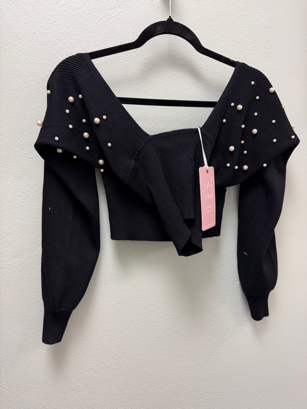 Love Tree Black Off-Shoulder Pearl-Embellished Knit Top